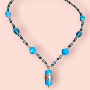 Blue art glass beaded station Birthday Cake Boho Chic necklace